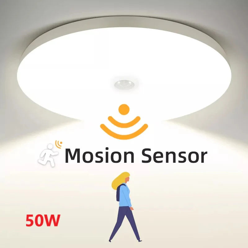 Ceiling light with Mosion Sensor logo and text indicating 50W power rating.
