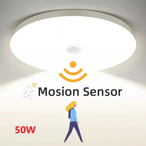 Ceiling light with Mosion Sensor logo and text indicating 50W power rating.