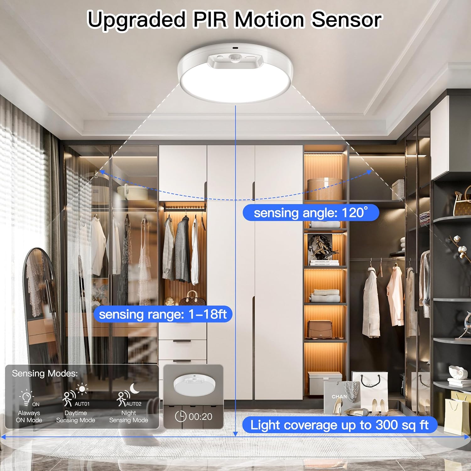 Ceiling light with motion sensor features in a modern closet setting