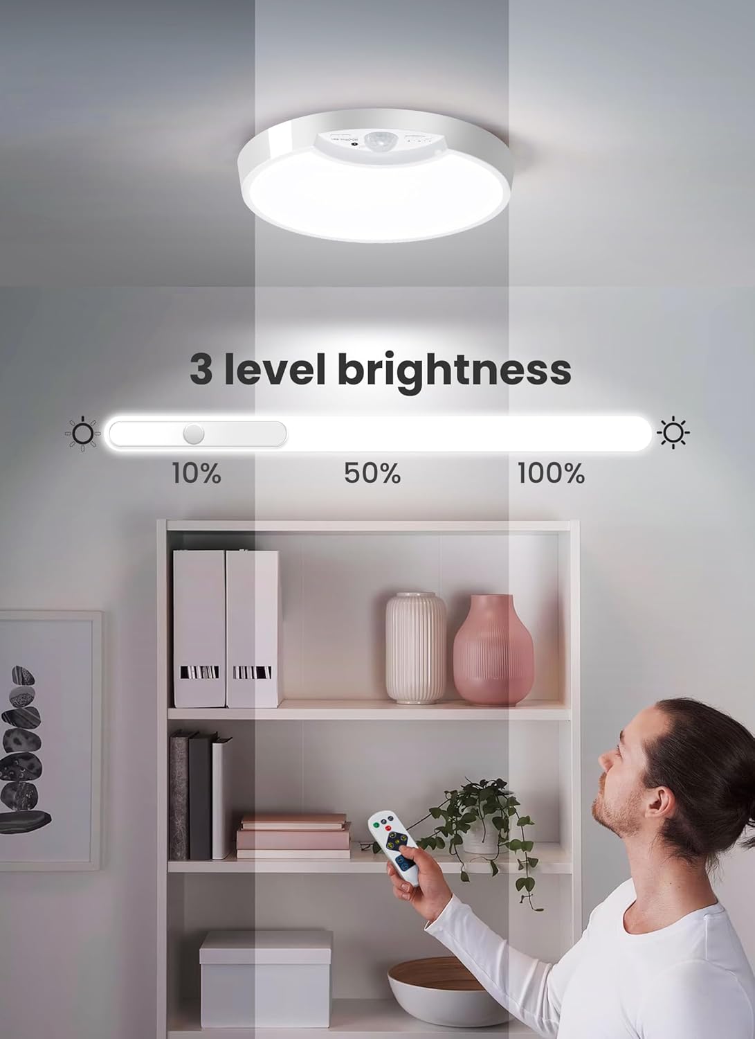 Ceiling light with remote control and 3-level brightness indicator in a room.
