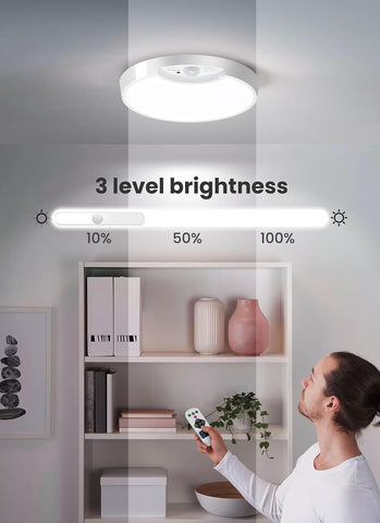 Ceiling light with remote control and 3-level brightness indicator in a room.