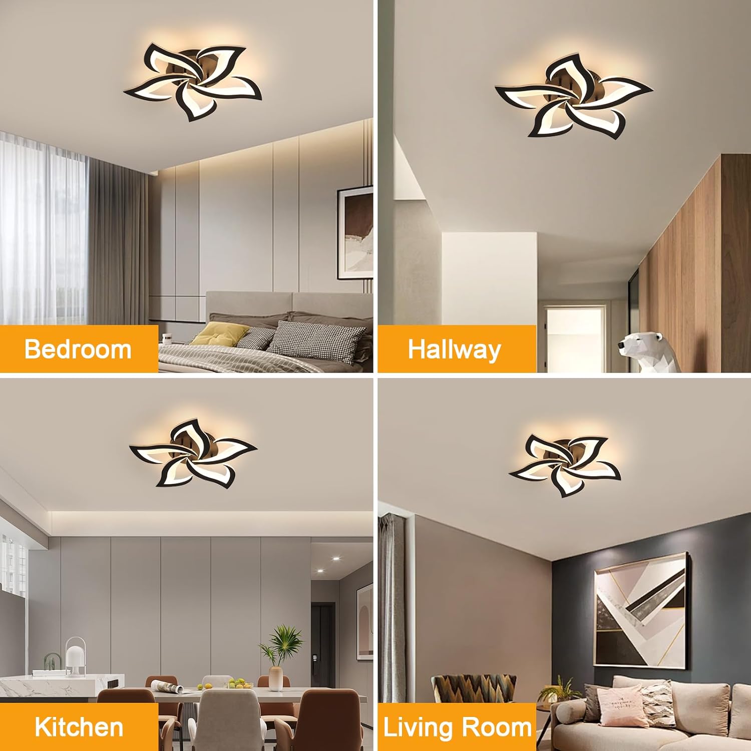 Ceiling light fixture in various rooms including bedroom, hallway, kitchen, and living room.