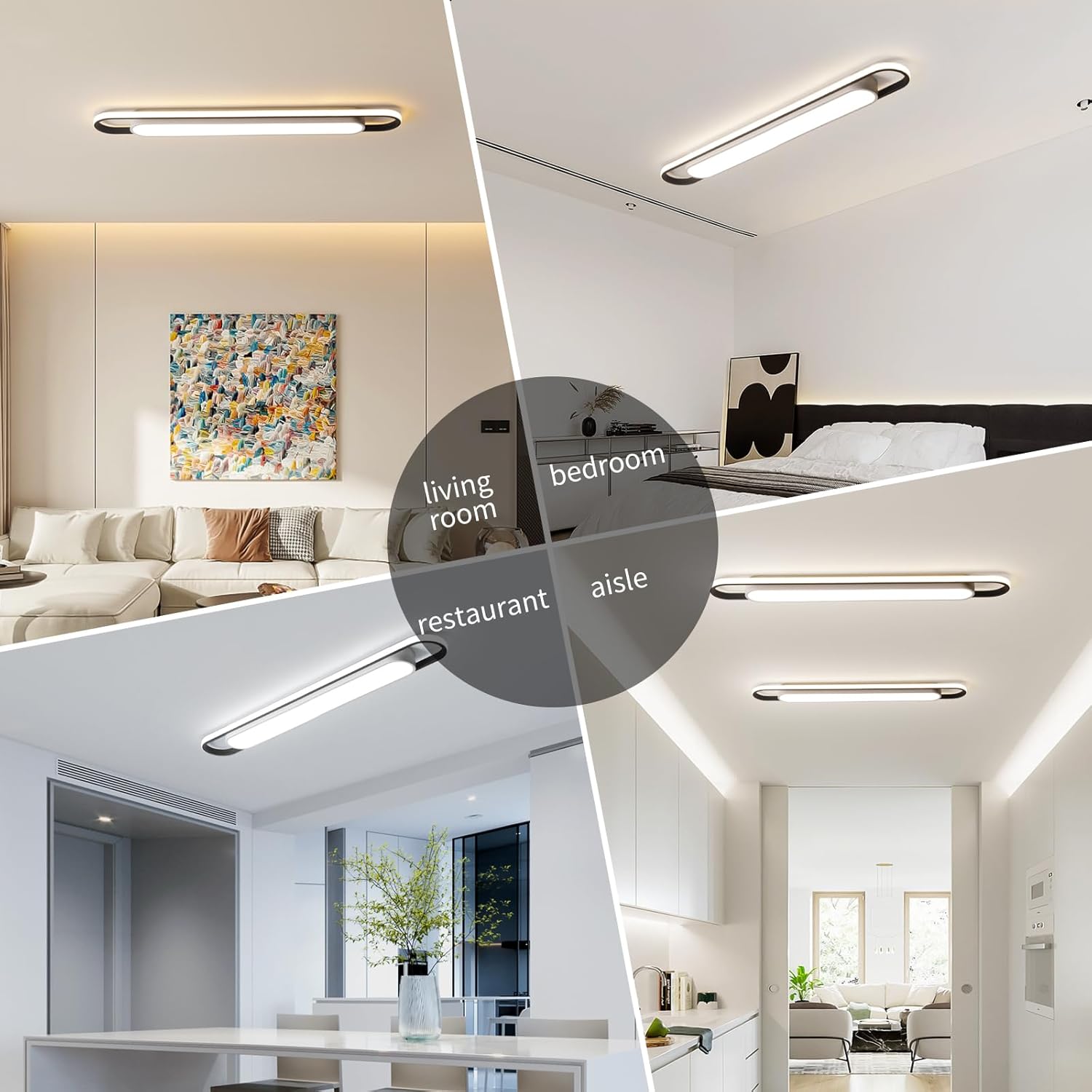 Ceiling lights in various settings including living room, bedroom, restaurant, and aisle.