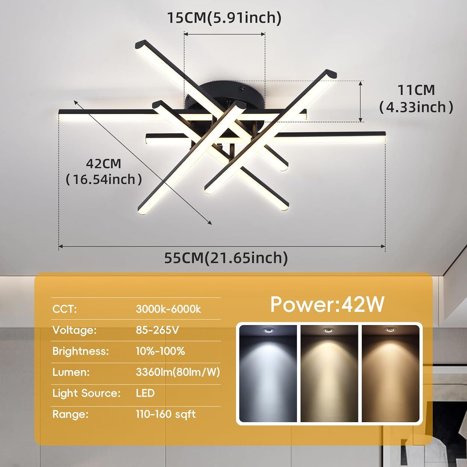 Ceiling light fixture with dimensions and technical specifications on a gray background