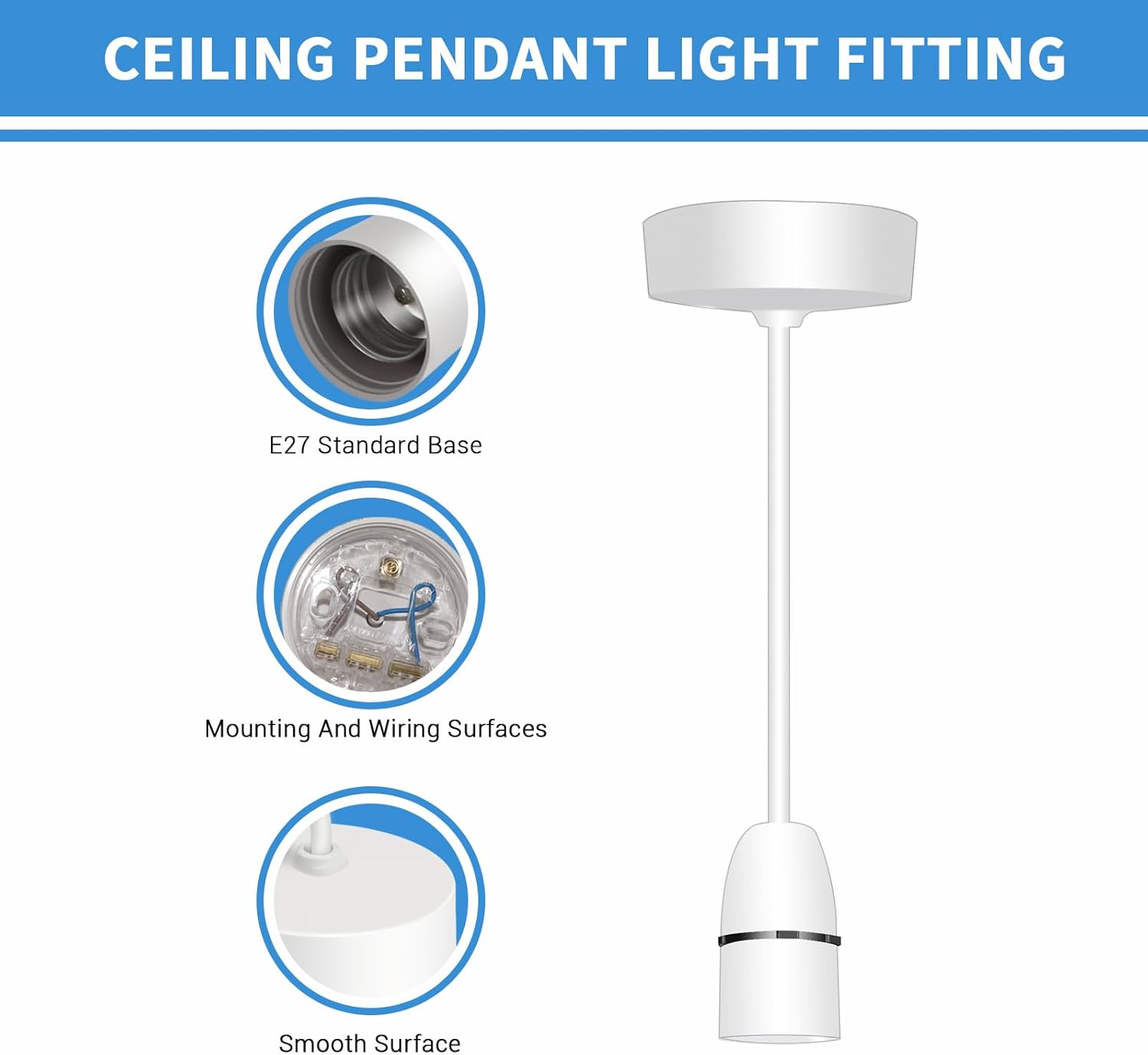 Ceiling pendant light fitting with E27 standard base, mounting and wiring surfaces