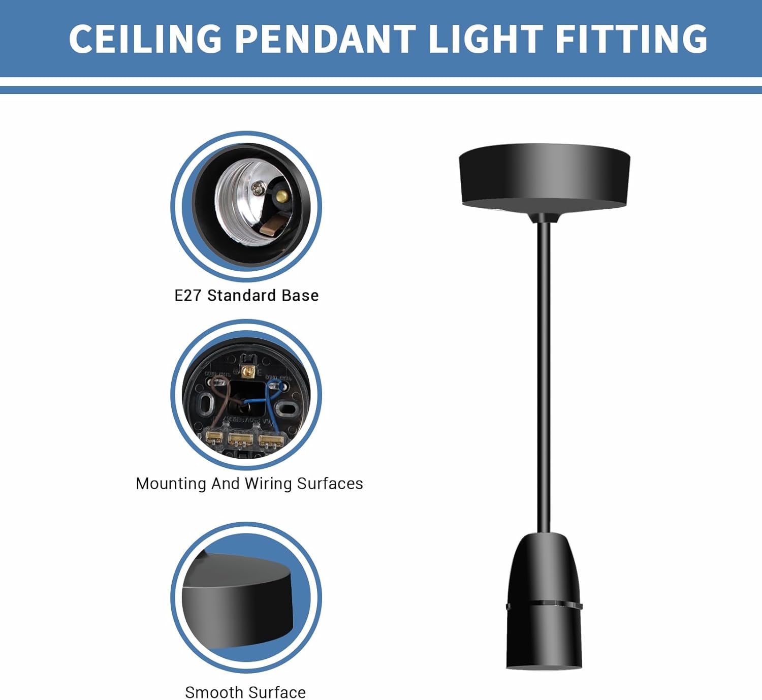 Ceiling pendant light fitting with E27 standard base, mounting and wiring surfaces, and smooth surface details.
