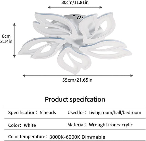 Ceiling light fixture with dimensions and specifications on a white background