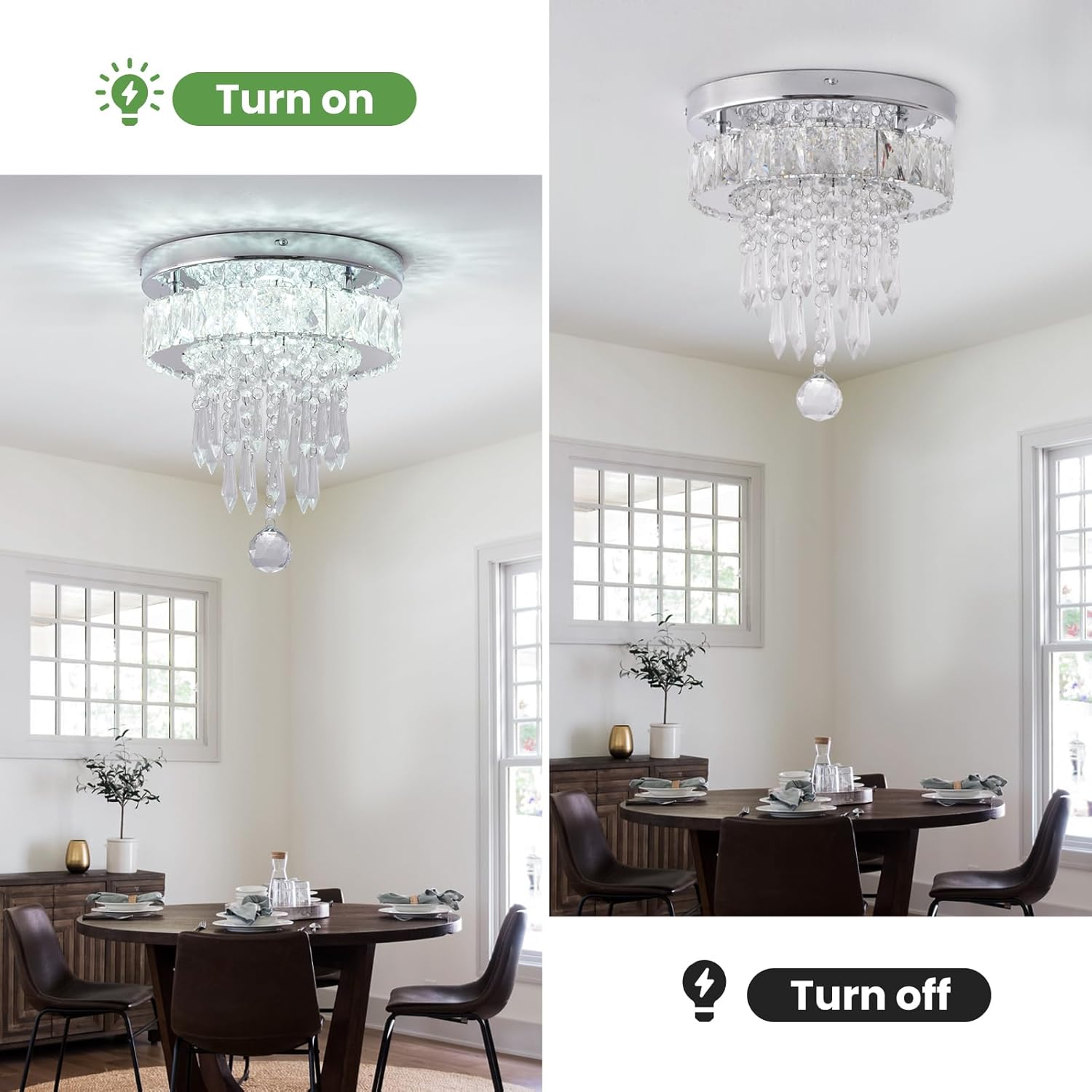 Chandelier in a dining room with 'Turn on' and 'Turn off' labels.