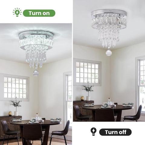 Chandelier in a dining room with 'Turn on' and 'Turn off' labels.
