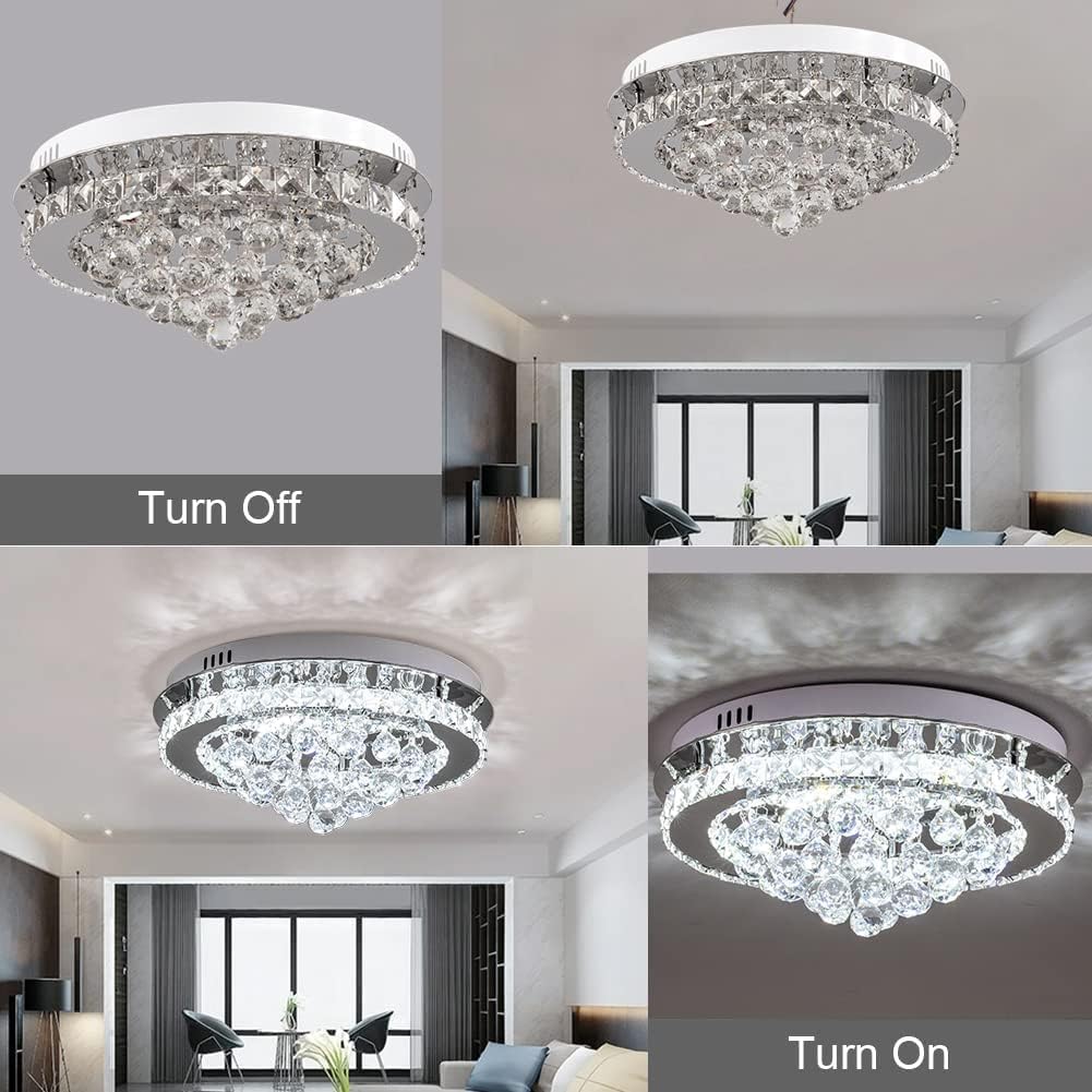 Chandelier shown in 'Turn Off' and 'Turn On' states with a room background.