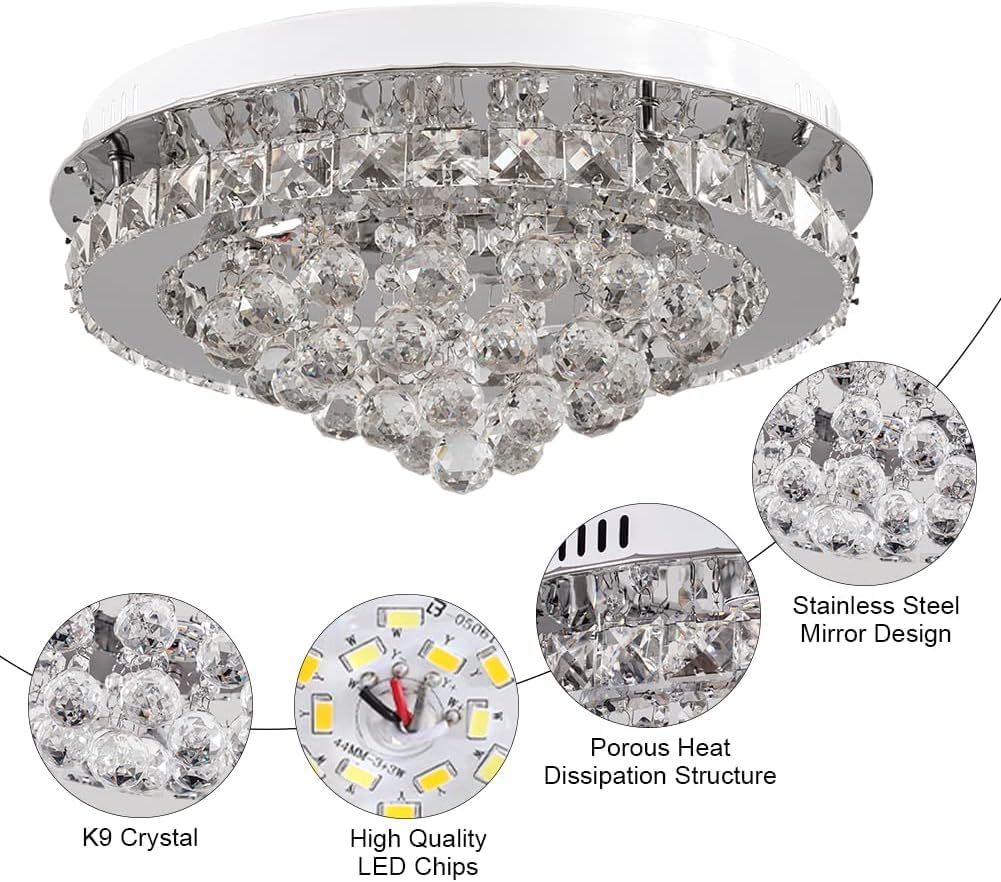 Chandelier with close-up details on K9 crystal, high-quality LED chips, stainless steel mirror design, and porous heat dissipation structure.