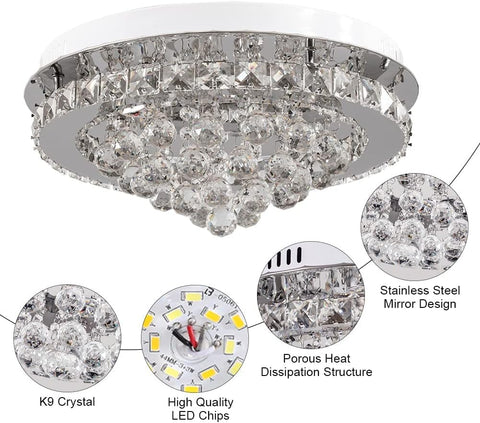 Chandelier with close-up details on K9 crystal, high-quality LED chips, stainless steel mirror design, and porous heat dissipation structure.