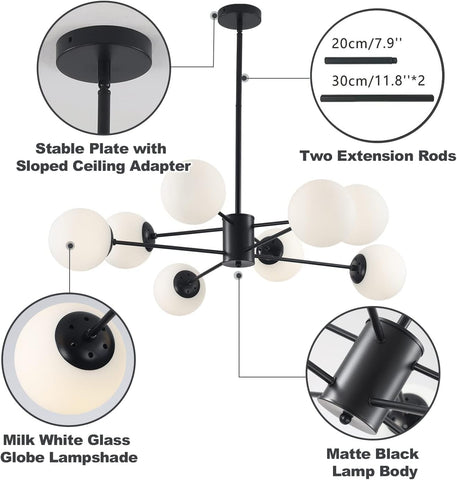 Chandelier with detailed features including lampshade, extension rods, and adapter on a white background.