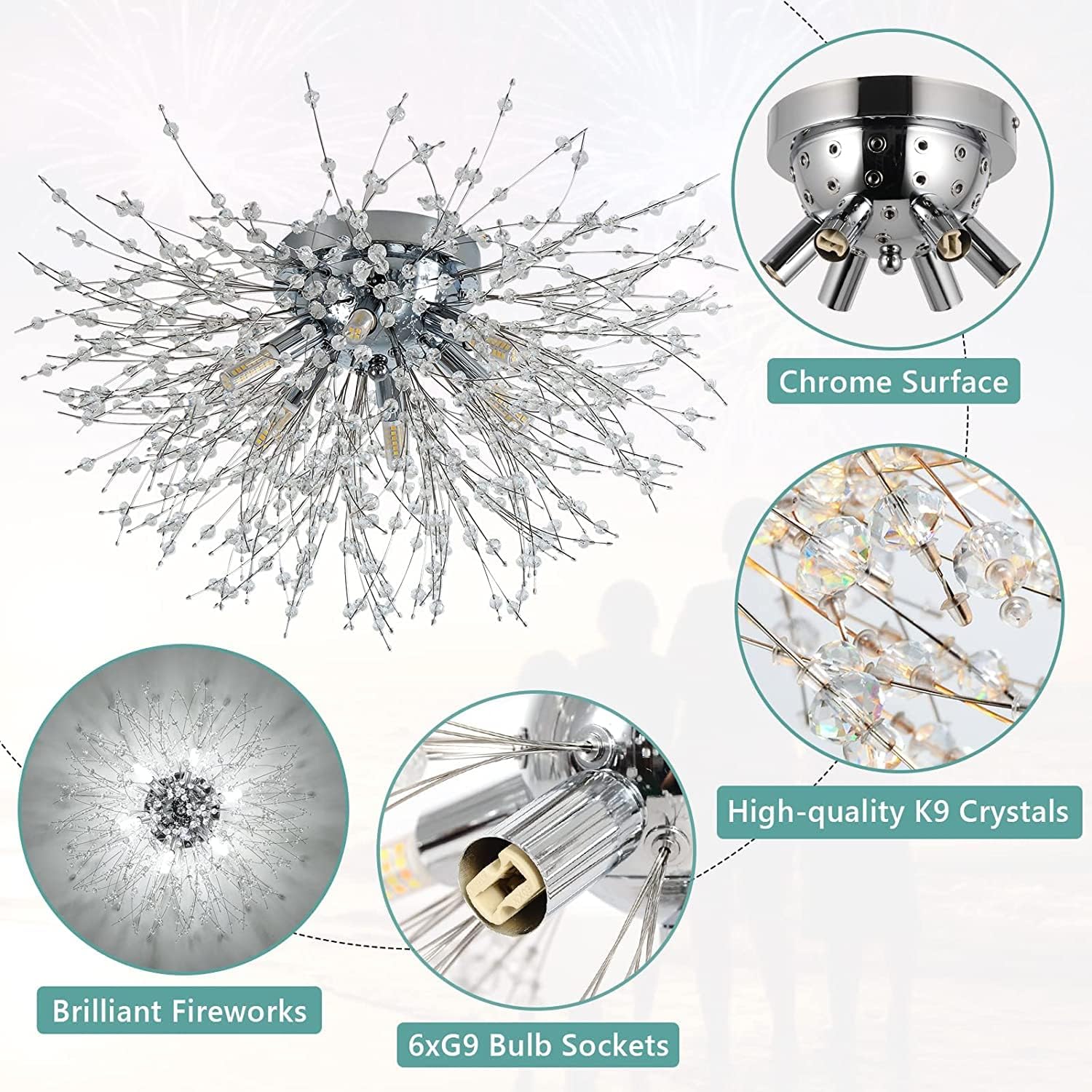 Chandelier with detailed views of its components on a white background