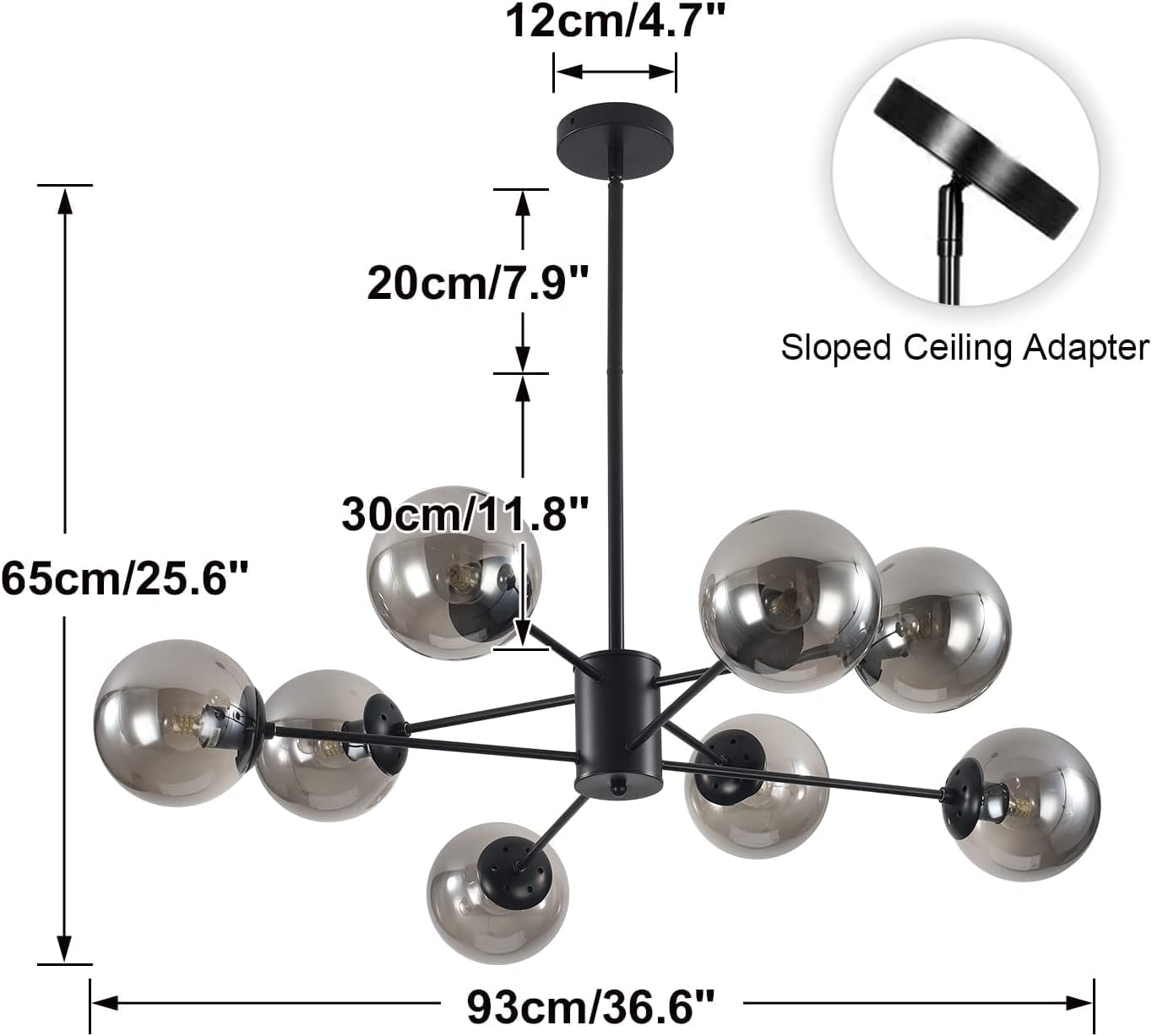 Chandelier with dimensions and adapter details on a white background
