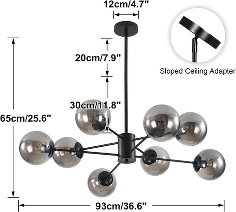 Chandelier with dimensions and adapter details on a white background