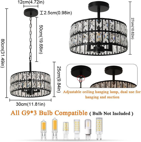 Chandelier with dimensions and bulb compatibility information on a white background