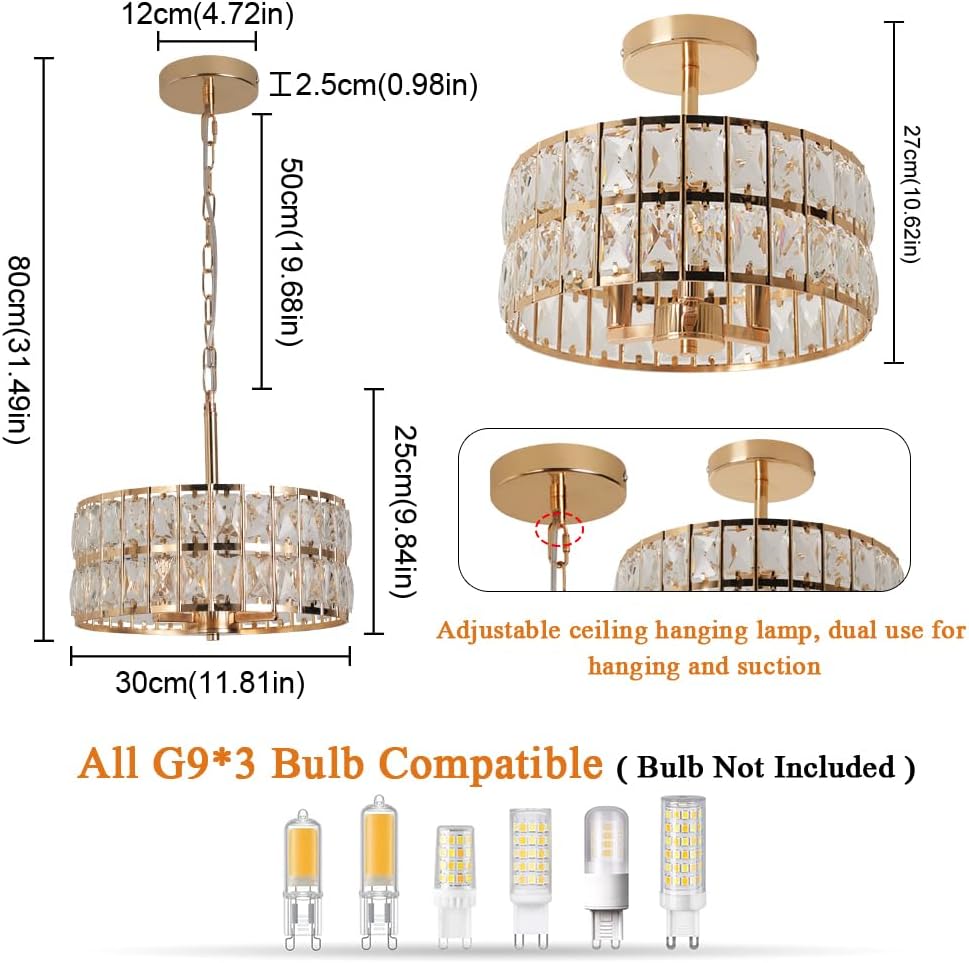Chandelier with dimensions and bulb compatibility information on a white background