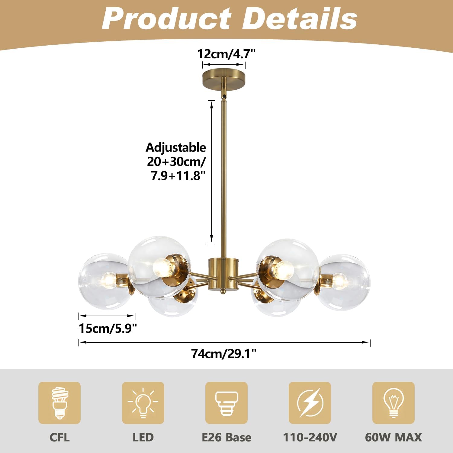 Chandelier with dimensions and compatibility details on a white background