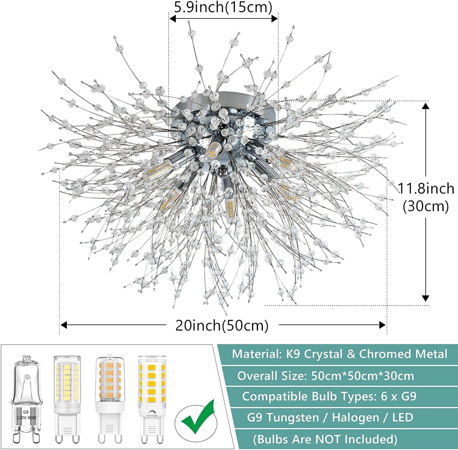 Chandelier with dimensions and compatibility information on a white background