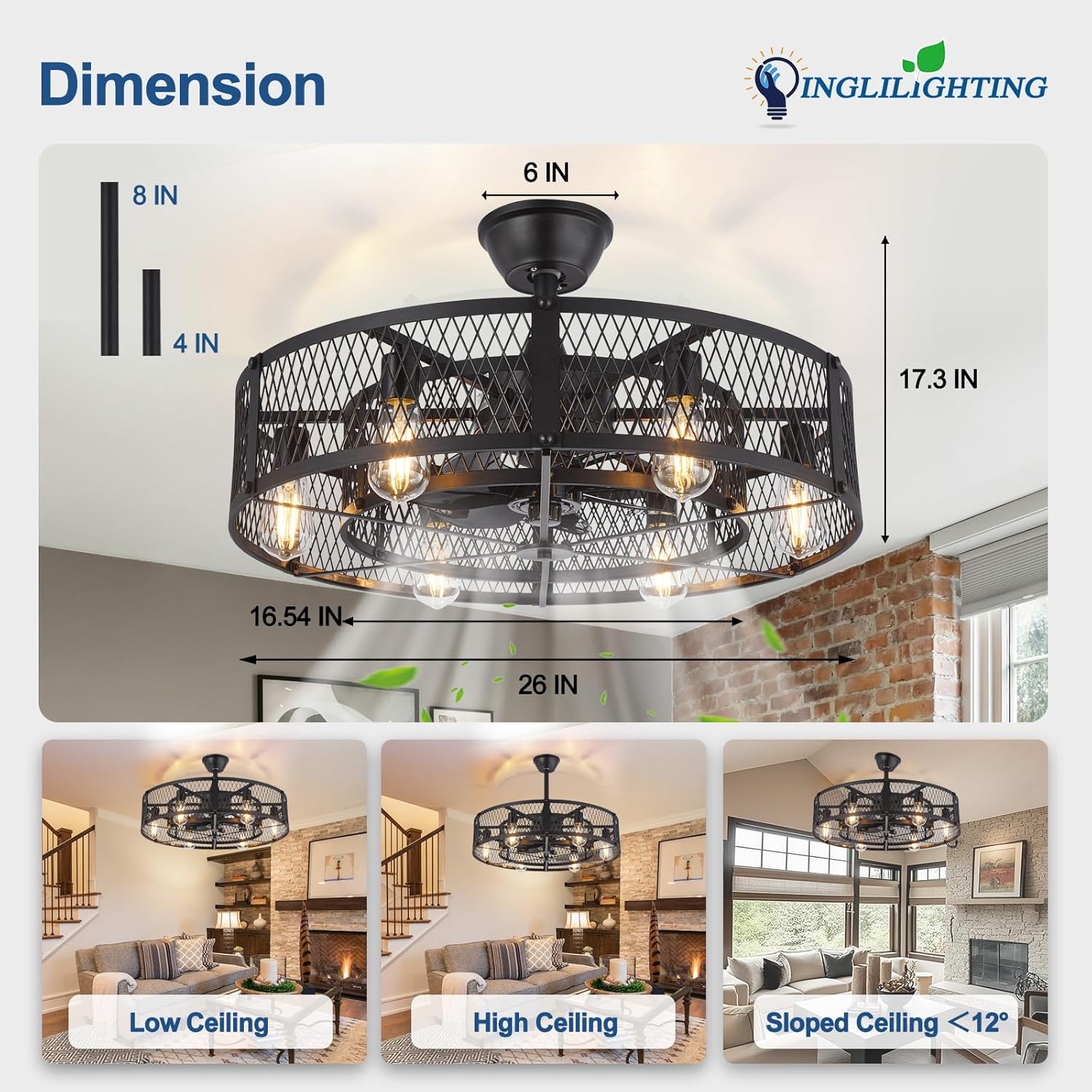 Chandelier with dimensions and installation guidance on a white background