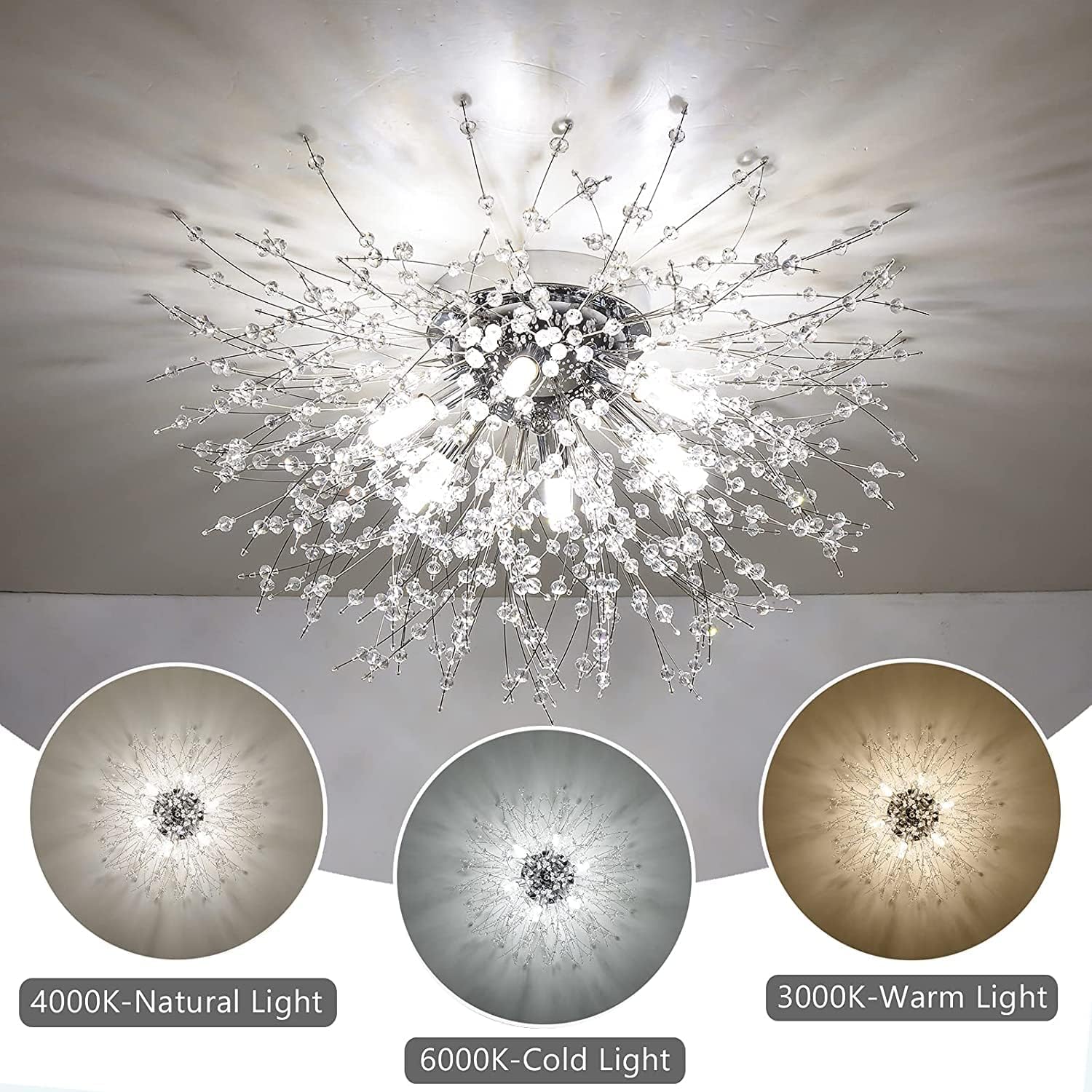 Chandelier with light color options displayed below on a neutral background