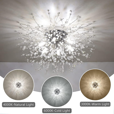 Chandelier with light color options displayed below on a neutral background