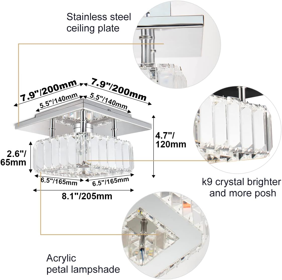 Chandelier with measurements and material details on a white background