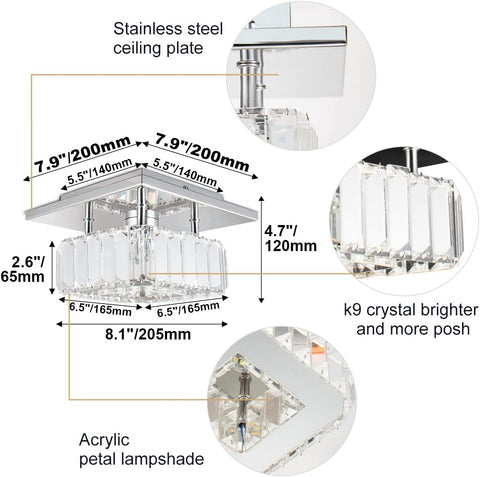 Chandelier with measurements and material details on a white background