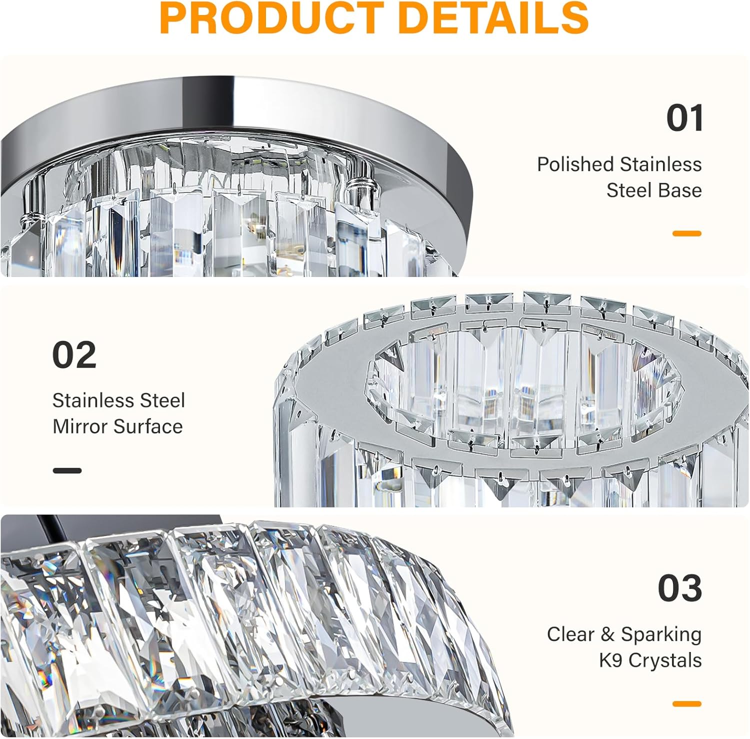 Chandelier with polished stainless steel base, stainless steel mirror surface, and clear sparkling K9 crystals.