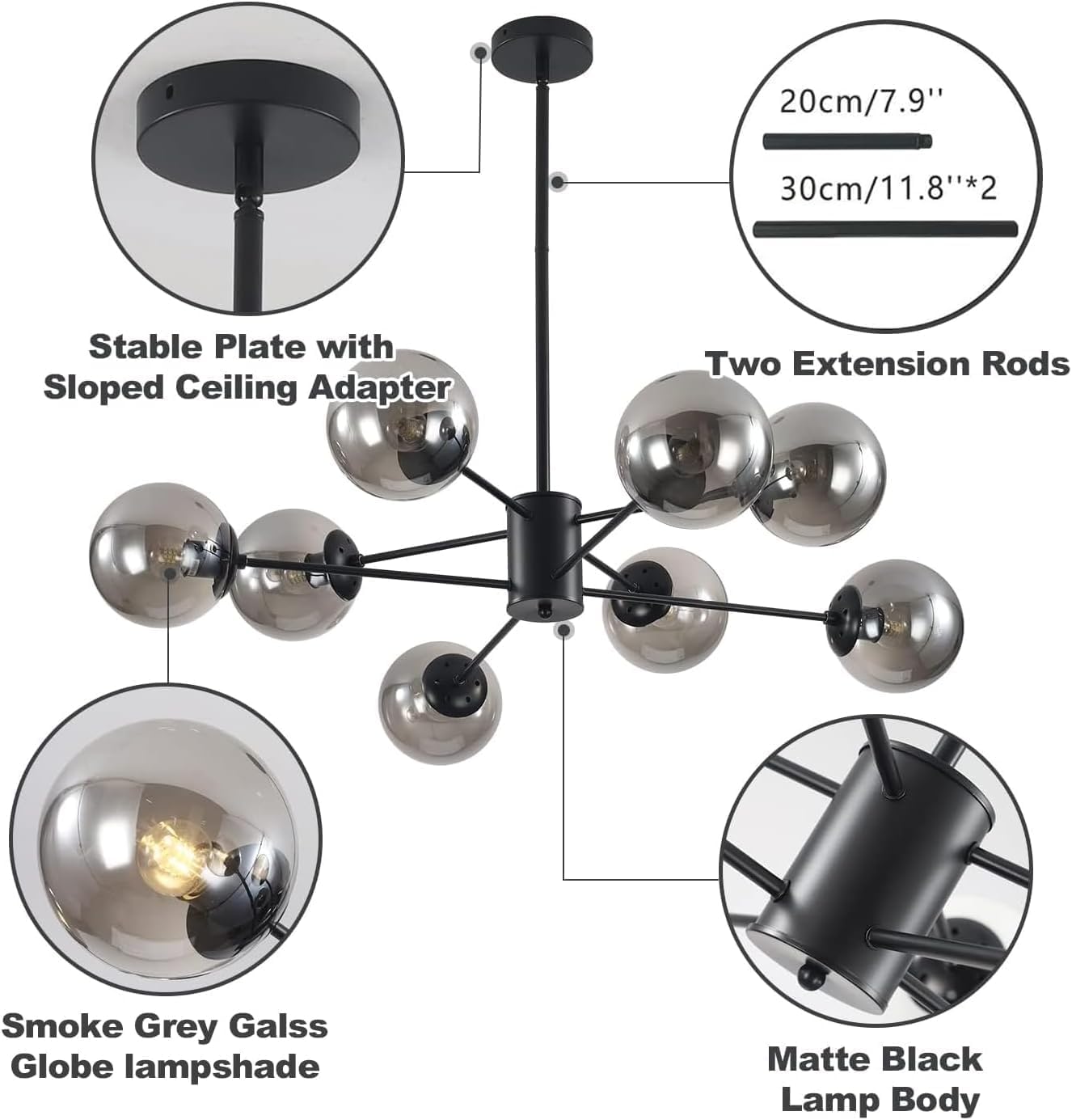 Chandelier with smoke gray glass globe lampshades and matte black lamp body, featuring detailed specifications.