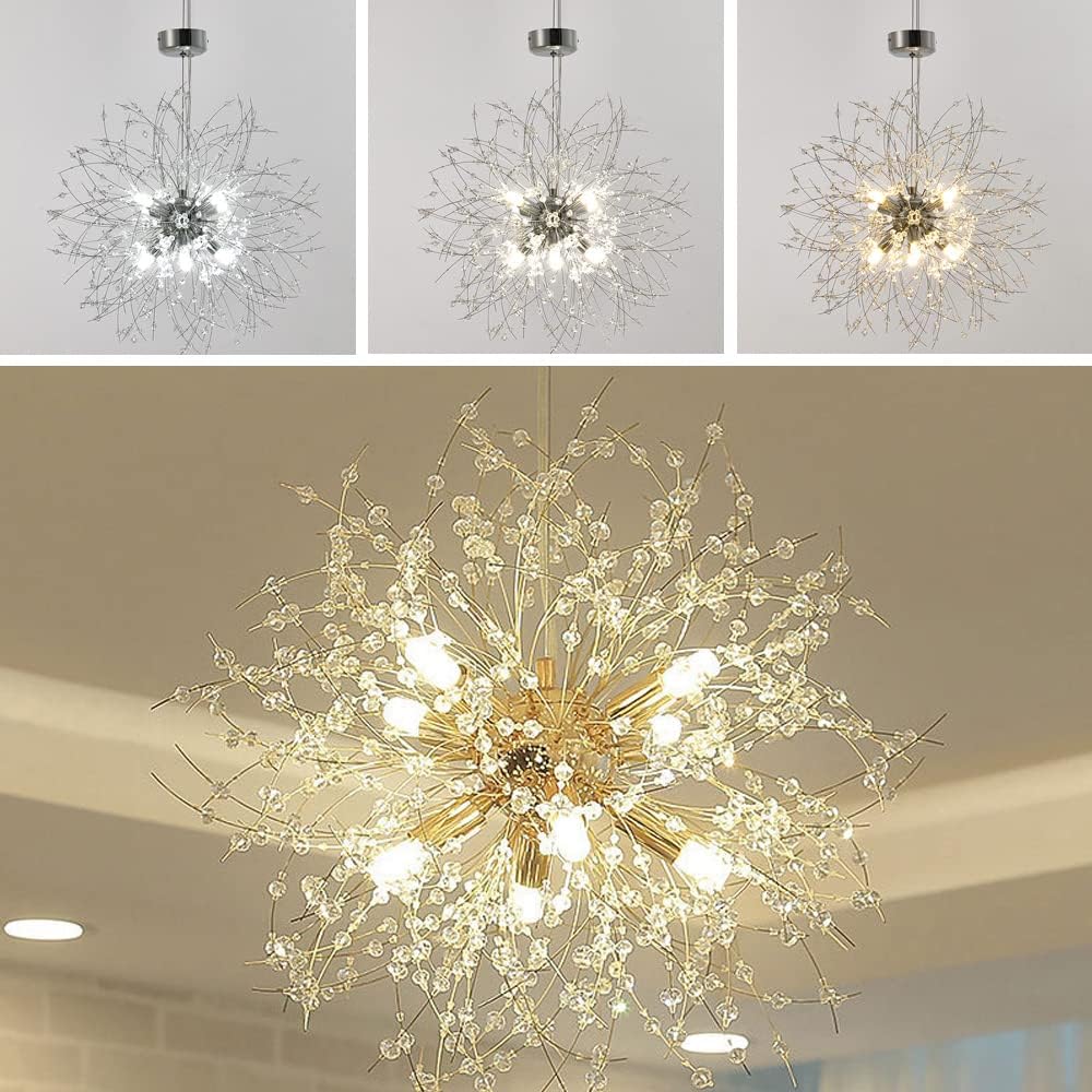 Chandelier with starburst design in three different views and in a room setting.