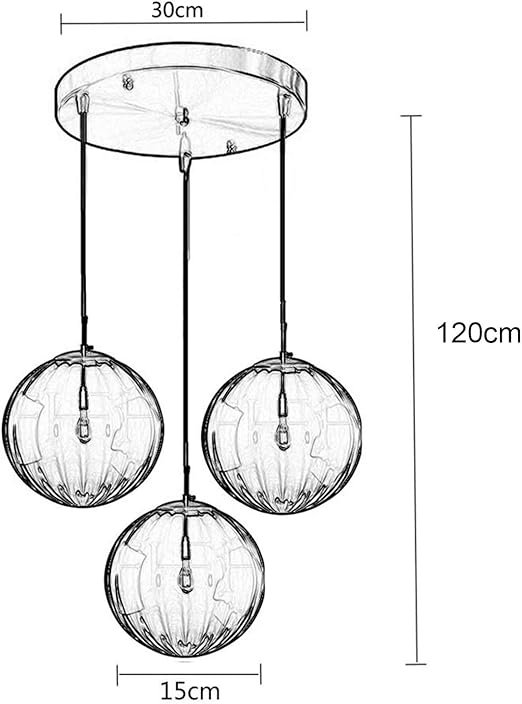 Chandelier with three glass globe lights and dimensions on a white background