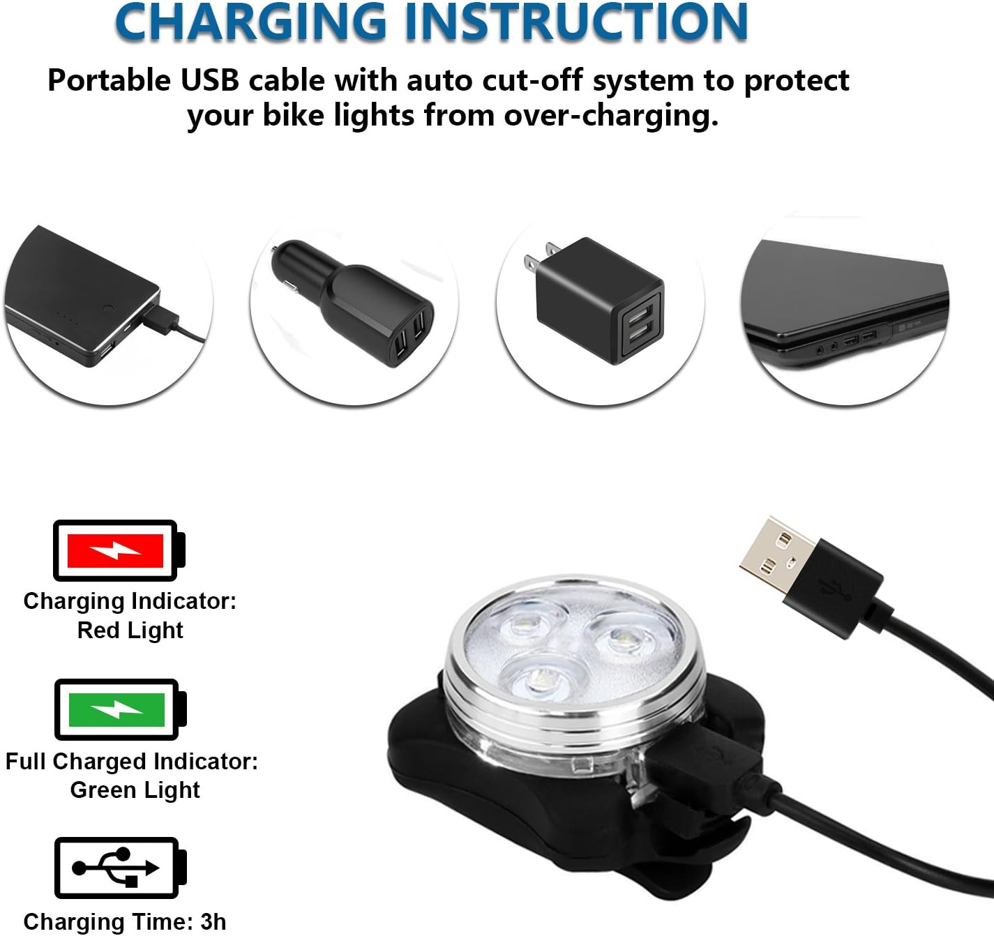Charging instructions for a portable USB cable with bike light, showing components and indicators.