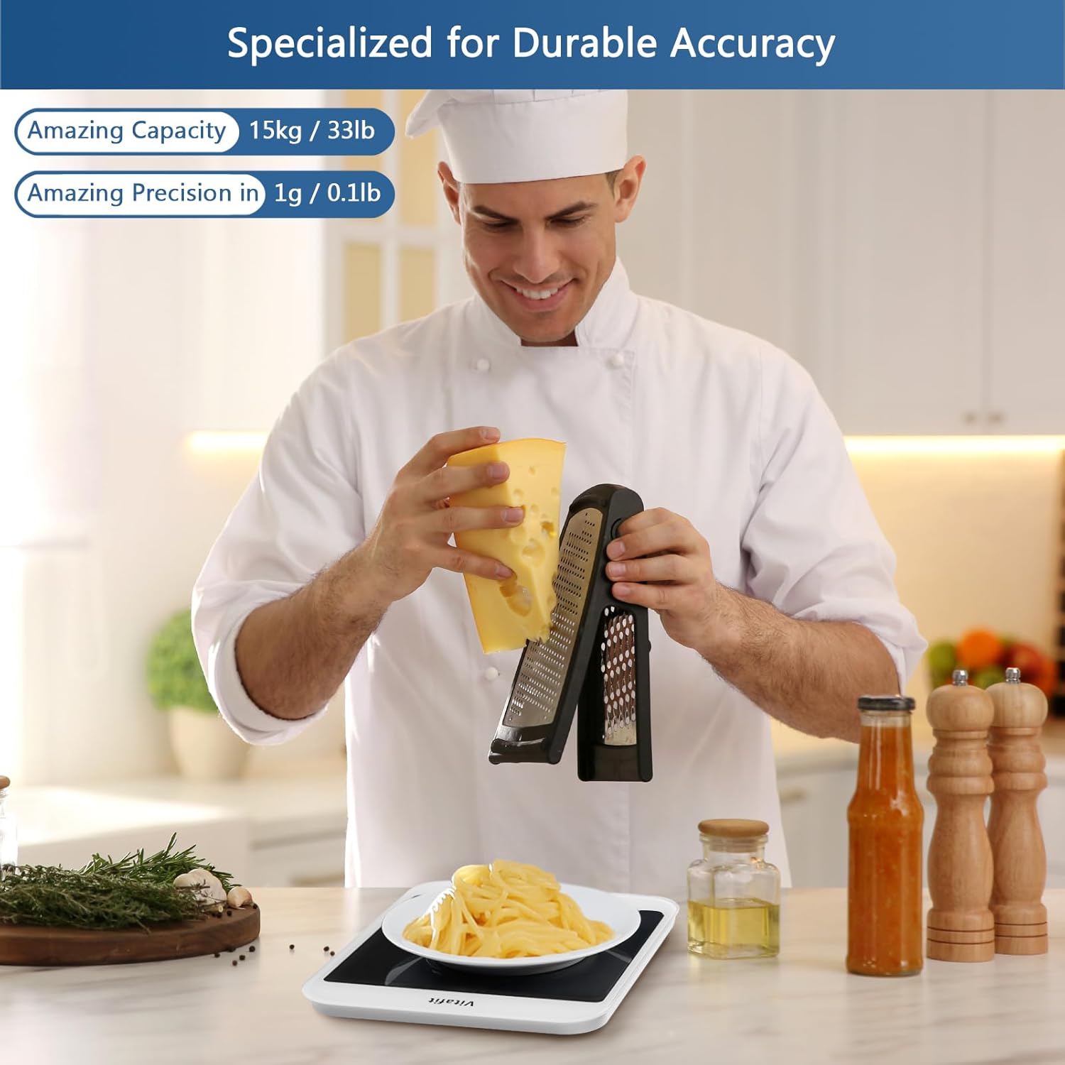 Chef using a digital kitchen scale with text highlighting capacity and precision.