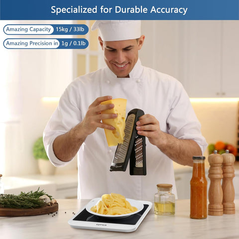 Chef using a digital kitchen scale with text highlighting capacity and precision.