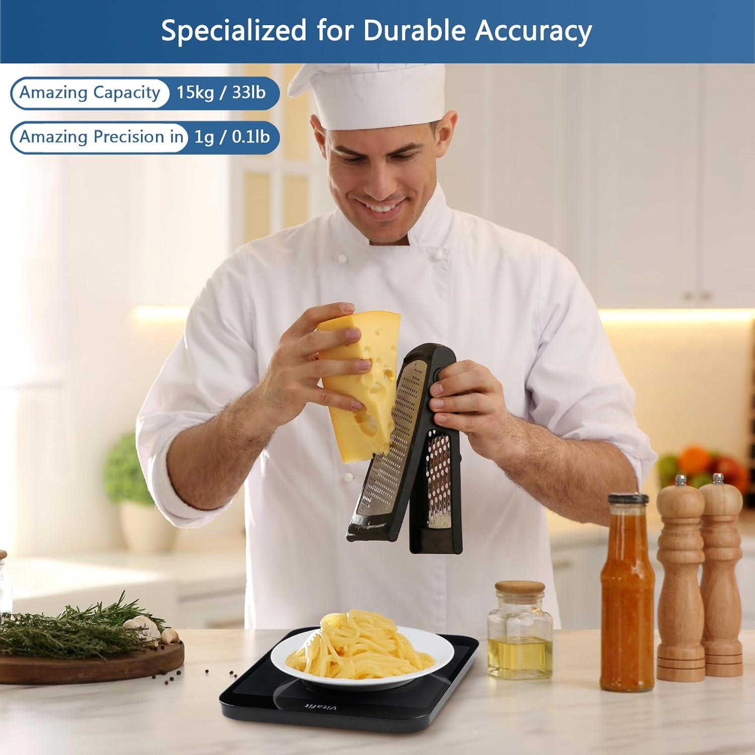 Chef using a digital kitchen scale with text highlighting capacity and precision.