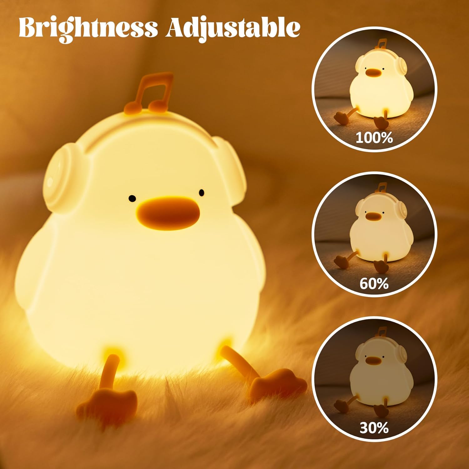 Chicken-shaped night light with brightness adjustment indicators on a soft surface.