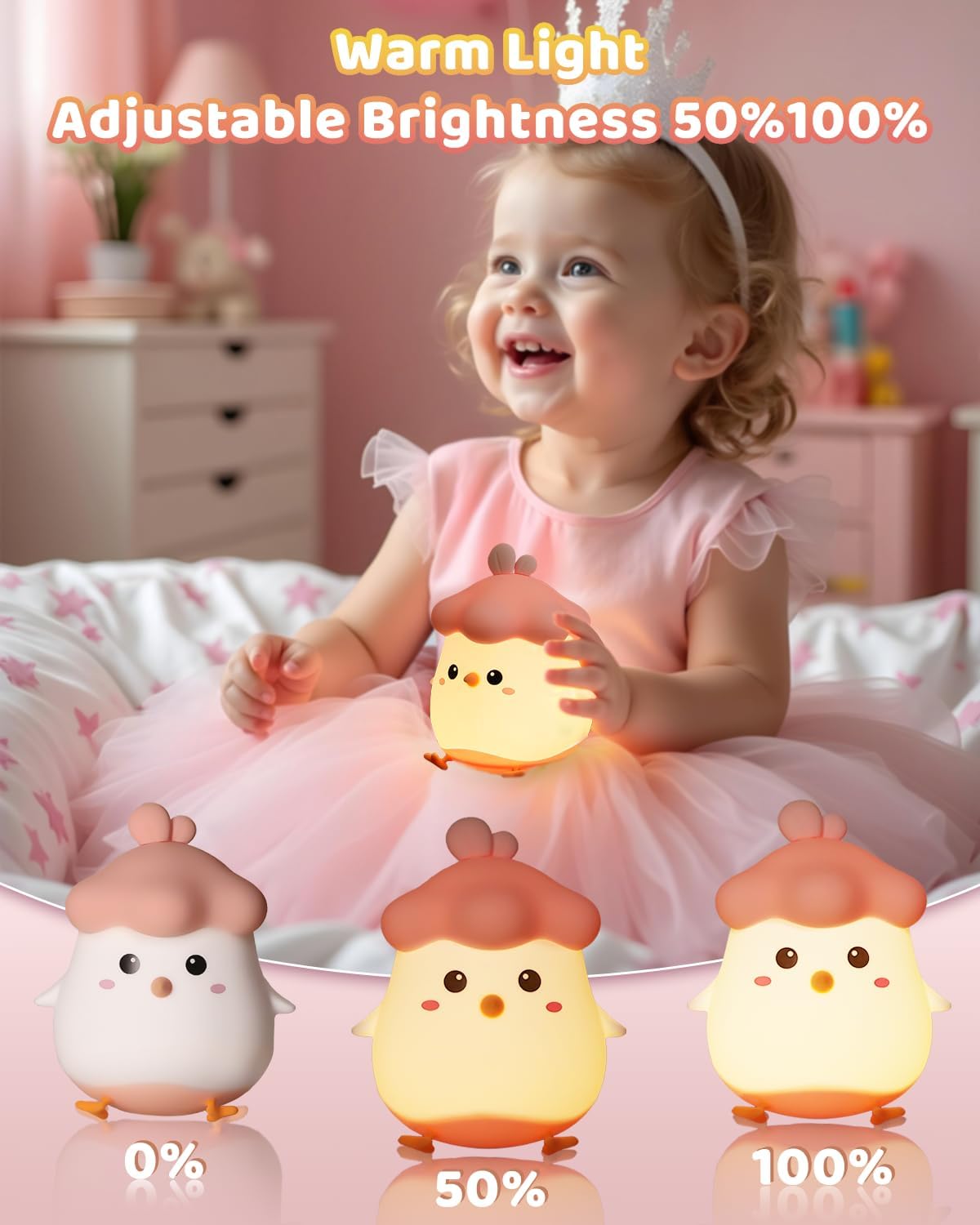Child holding a chicken-shaped night light with adjustable brightness indicators.