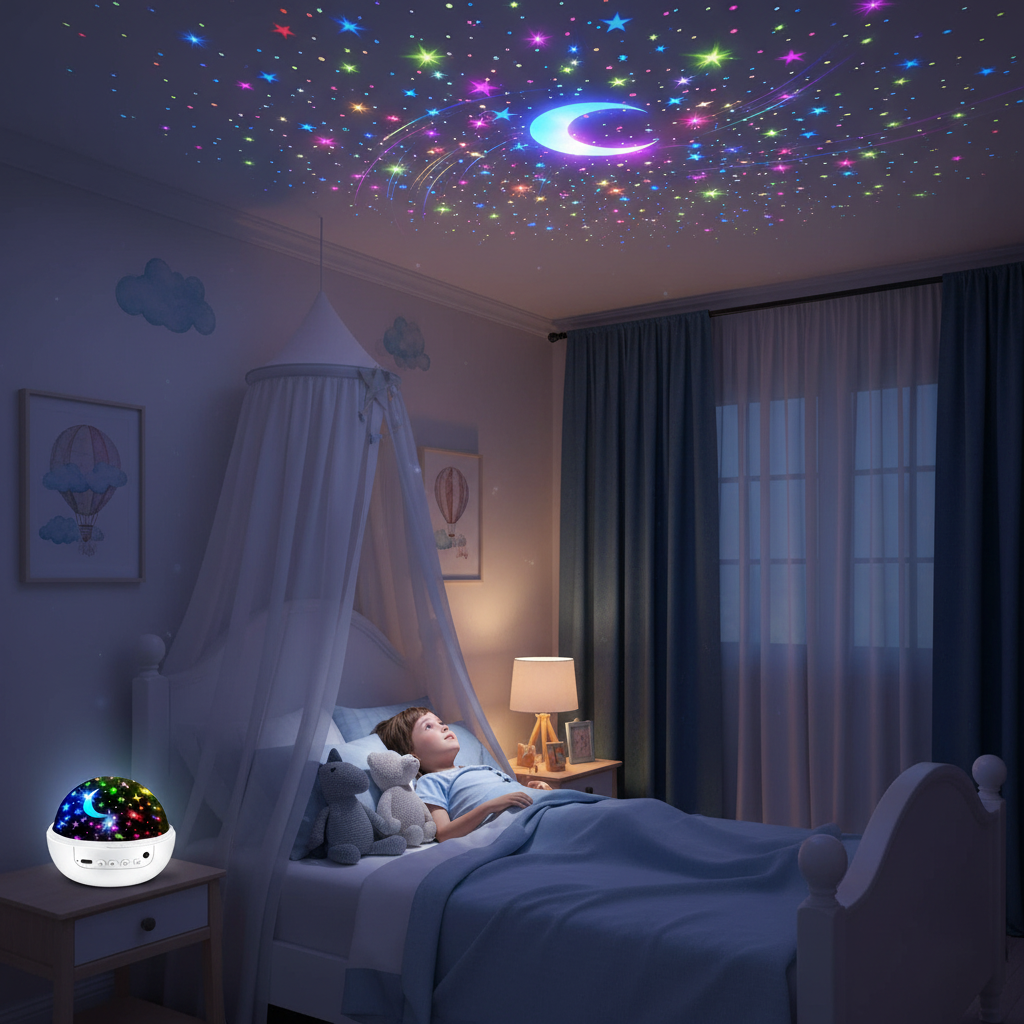 Child in bed under a starry night light projection in a bedroom.