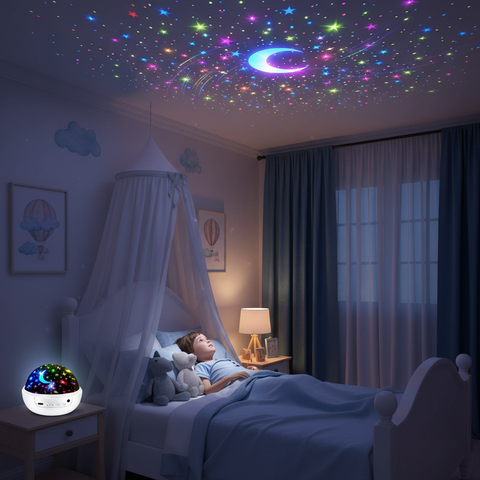 Child in bed under a starry night light projection in a bedroom.