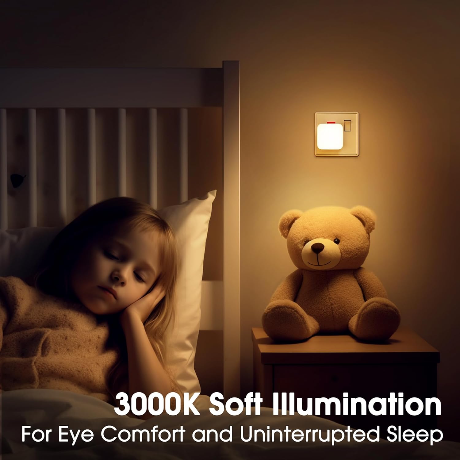 Child in bed with a teddy bear next to a night light emitting 3000K soft illumination.