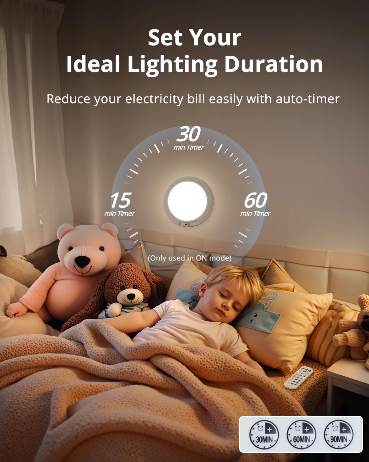Child in bed with teddy bears, nightlight, and timer display on wall.