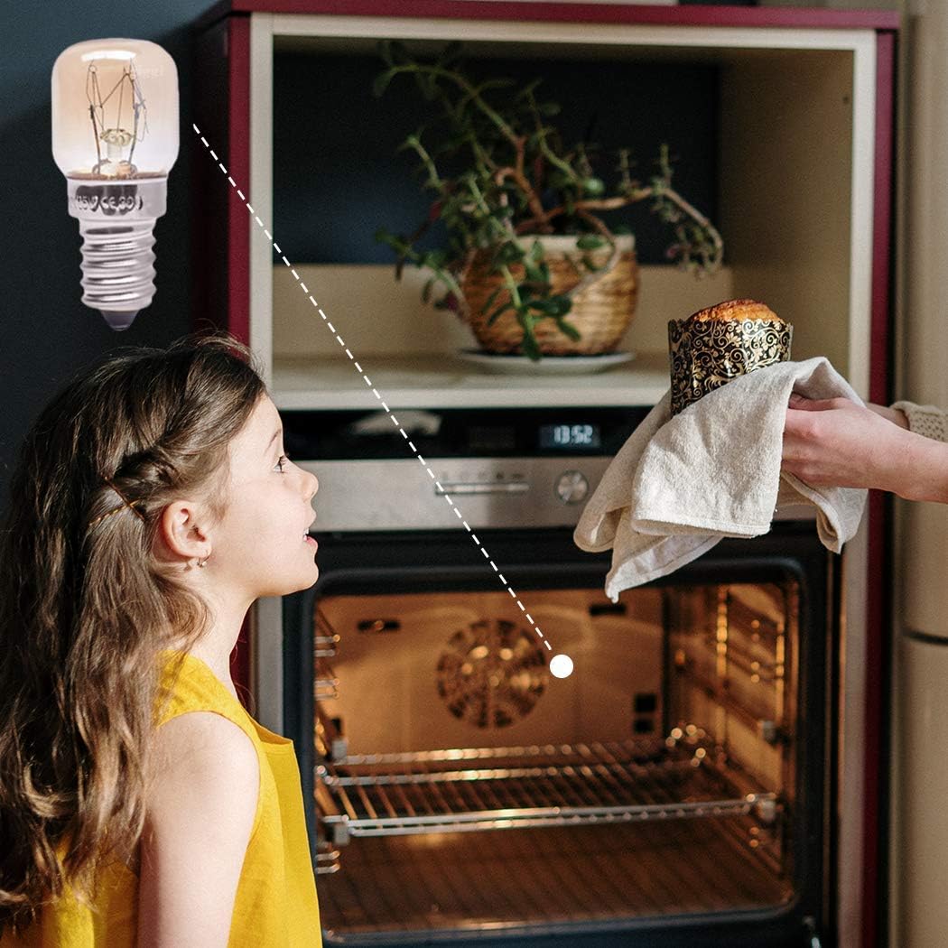 Child looking at an open oven with a light bulb above, symbolizing idea or inspiration.