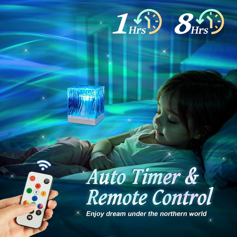 Child lying in bed with a glowing night light and remote control, featuring auto timer and remote control text.