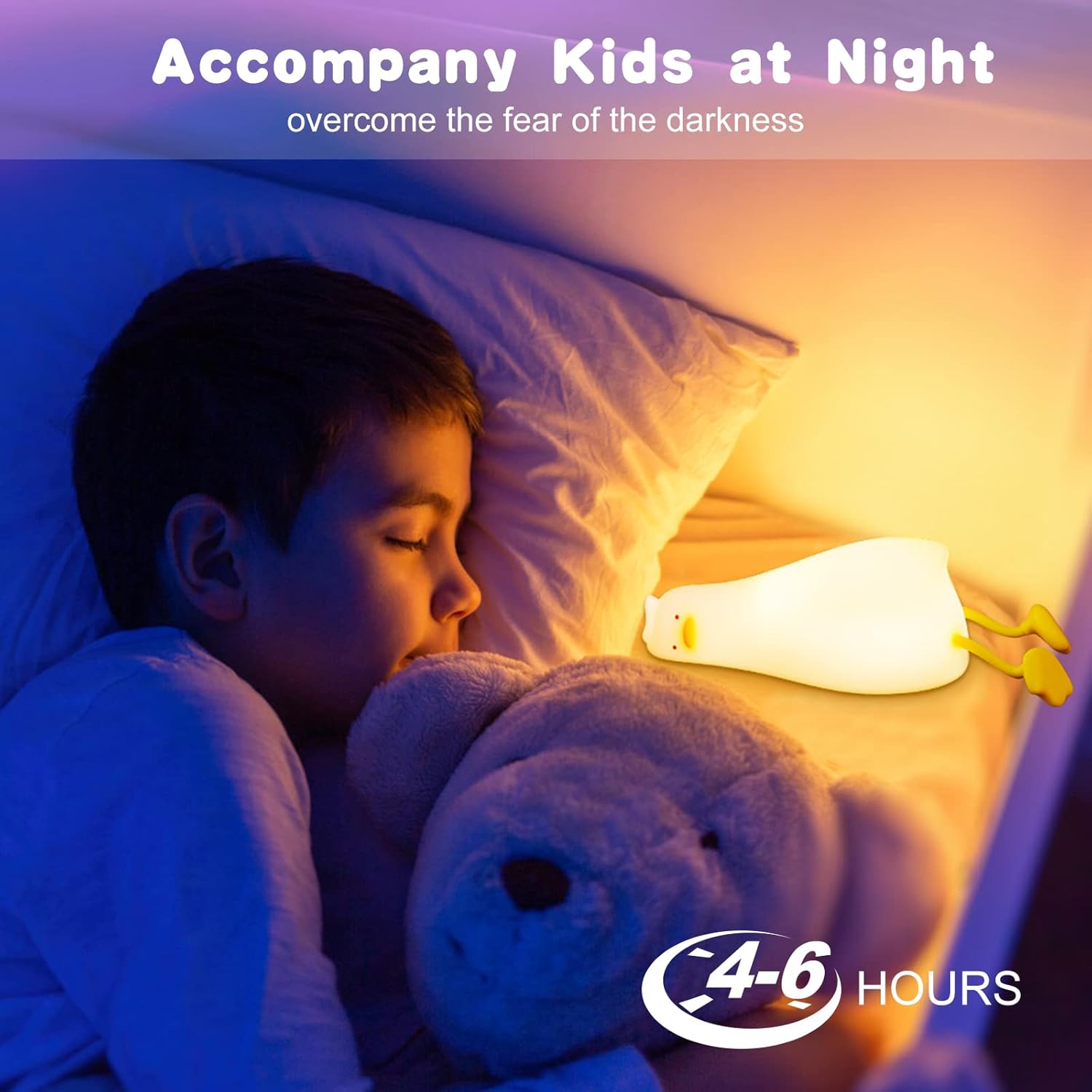 Child lying in bed with a teddy bear and a night light, accompanied by text about helping kids overcome fear of darkness.
