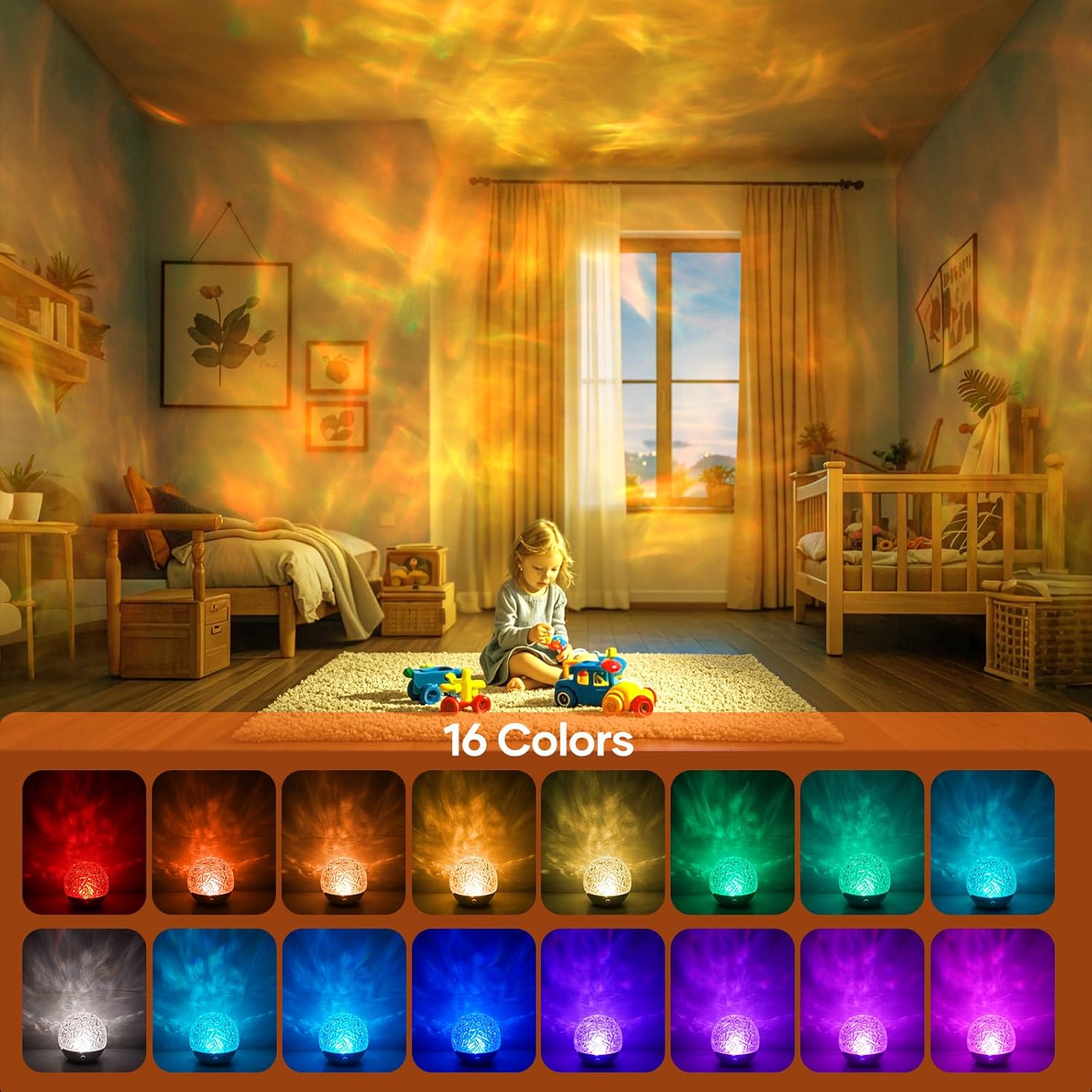 Child playing in a bedroom with colorful light projection, showing 16 color options at the bottom.