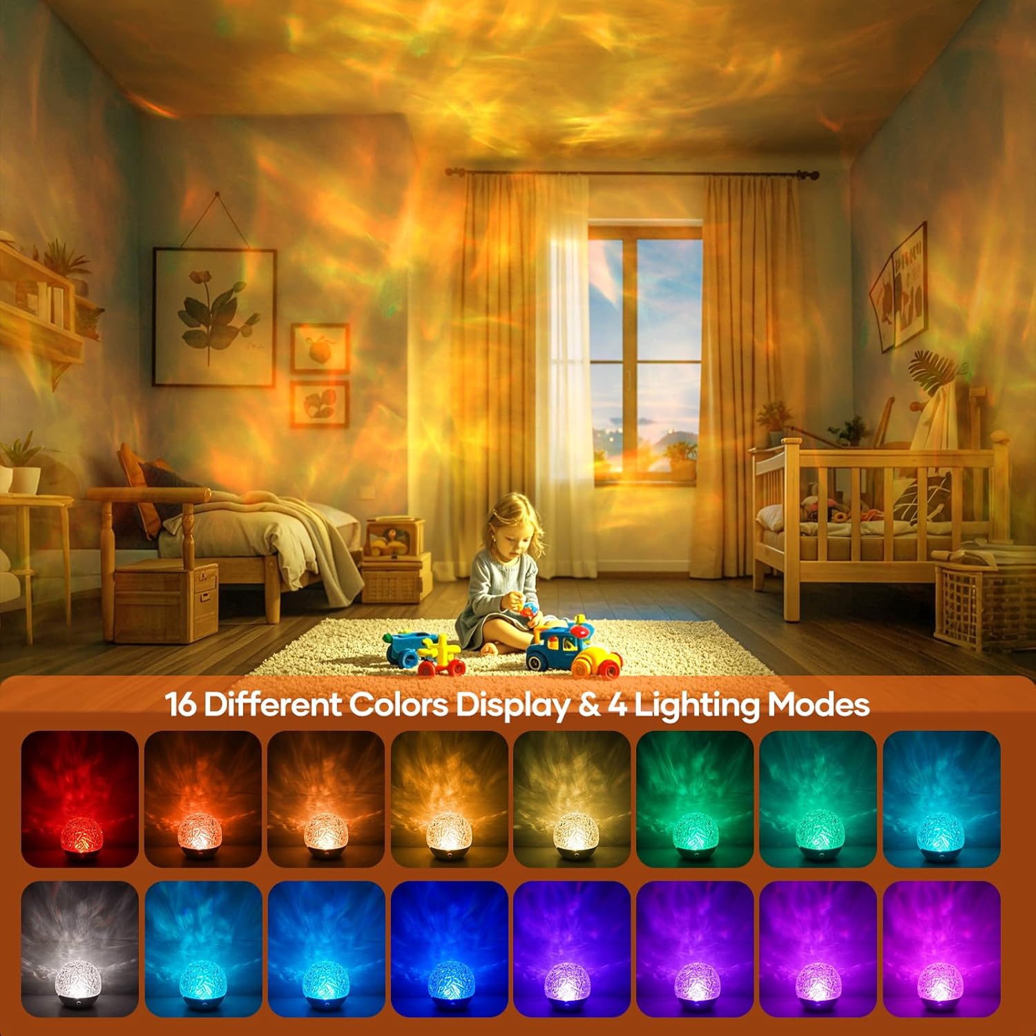Child playing in a room with colorful lighting effects, showing 16 different color displays and 4 lighting modes.