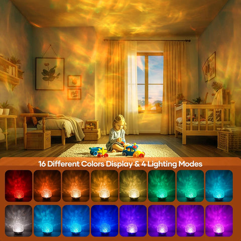 Child playing in a room with colorful lighting effects, showing 16 different color displays and 4 lighting modes.