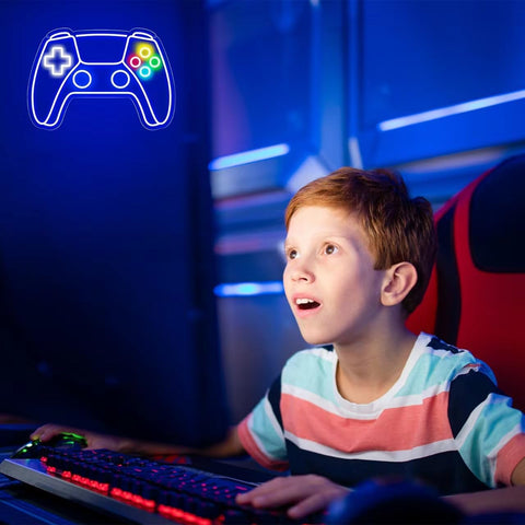 Child playing video games with a gaming controller icon above